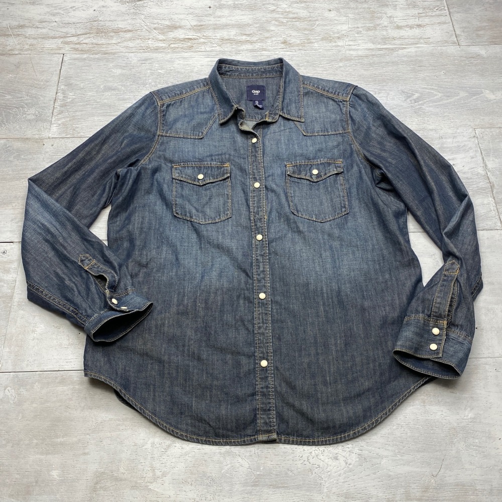 Gap Denim Western Shirt Women Large Blue Pearl Snap Long Sleeve Cotton Top